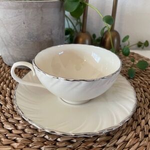 Vintage Lenox Weatherly Teacup & Saucer Ivory Platinum Trim USA MINT Gift 2 1/8”